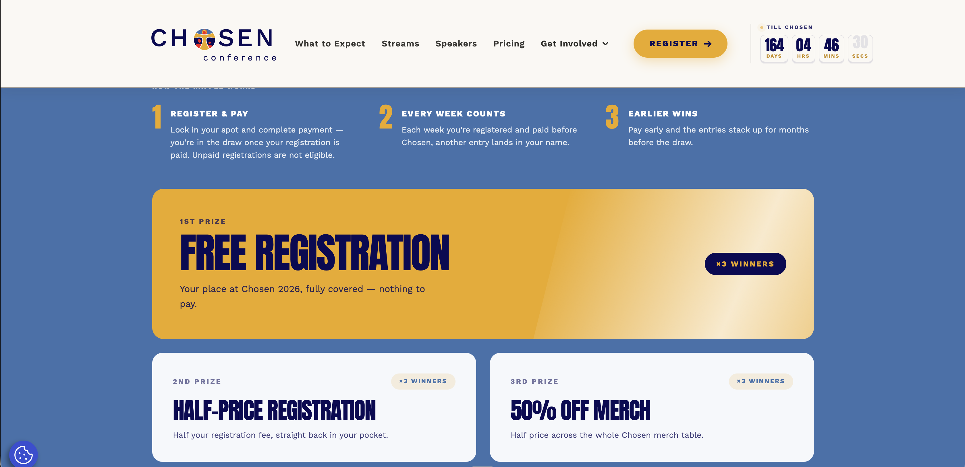 Chosen Conference raffle mechanic — tiered prize structure on the live website